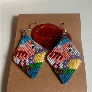 Handmade Blue & Pink Beaded Flamingo Earrings